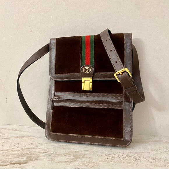 VINTAGE GUCCI Sherry line Suede Leather Shoulder Bag 💼 Brown - Picture 1 of 16